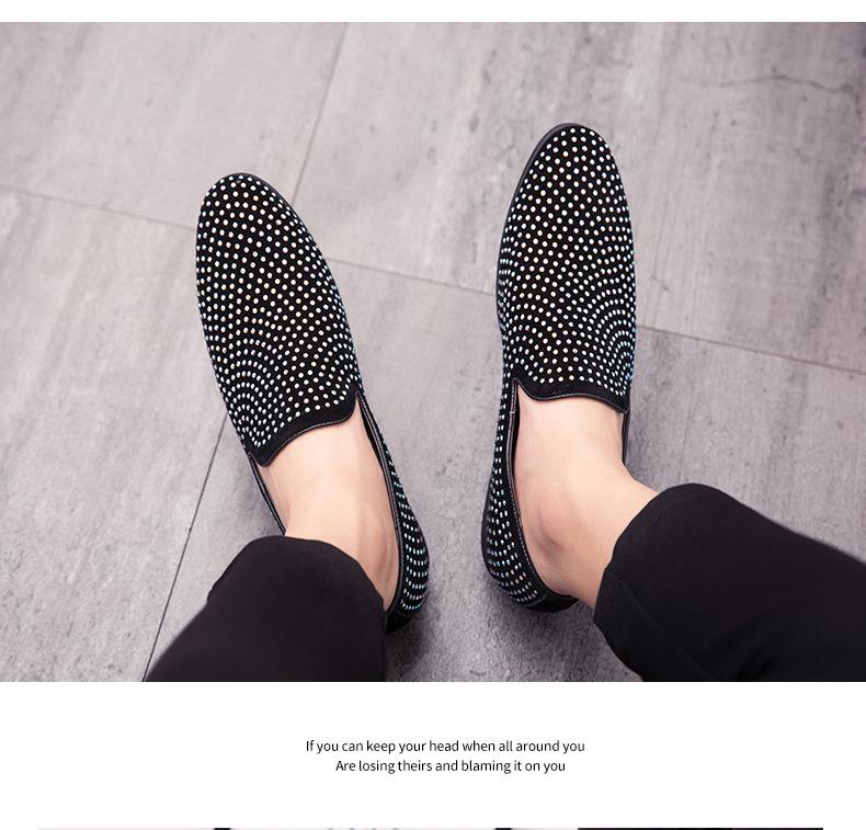 Men's Rhinestone Slip-On Leather Loafers - Pointed Toe, Large Size, British Casual Style.