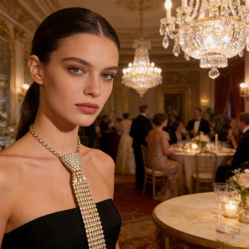 Stylish Rhinestones Tie Long Necklace Fashion Accessory For Parties Weddings And Formal Occasion Dressingup Neckpiece