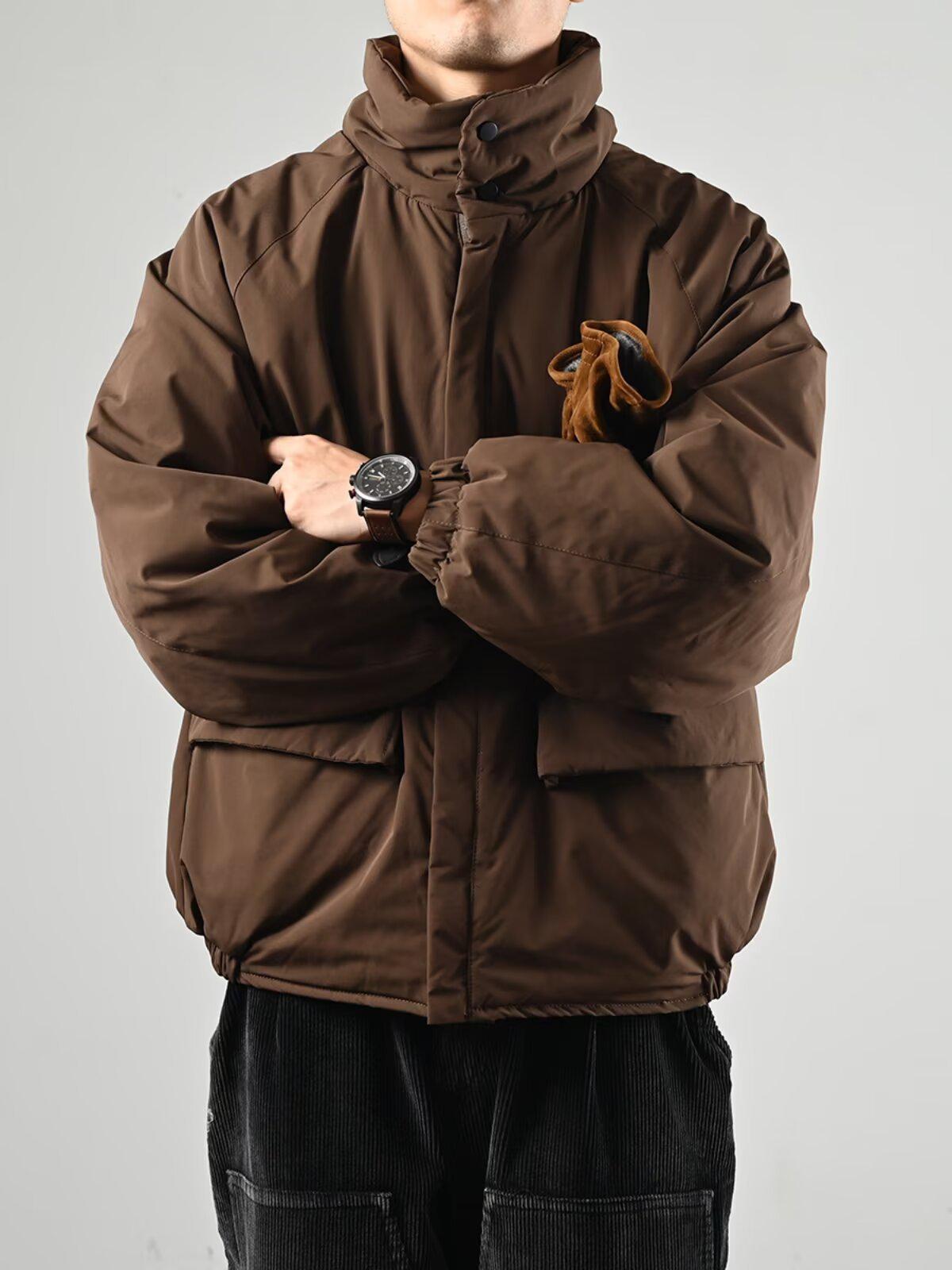 Японская ретро мужская зимняя куртка с воротником-стойкой - Теплая, утолщенная, свободного кроя, модная хлопковая верхняя одежда Extra Large коричневый
