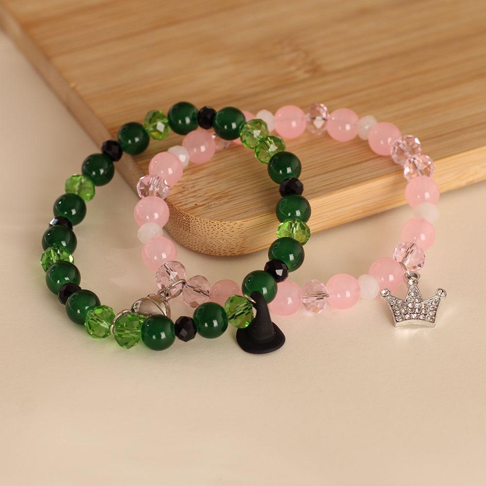 Set di Braccialetti con Perline di Agata Rosa Verde e Cristallo con Ciondolo a Corona Regali Festivi Gioielli Dolci alla Moda per Donne Accessorio Semplice Versatile per l'Uso Quotidiano