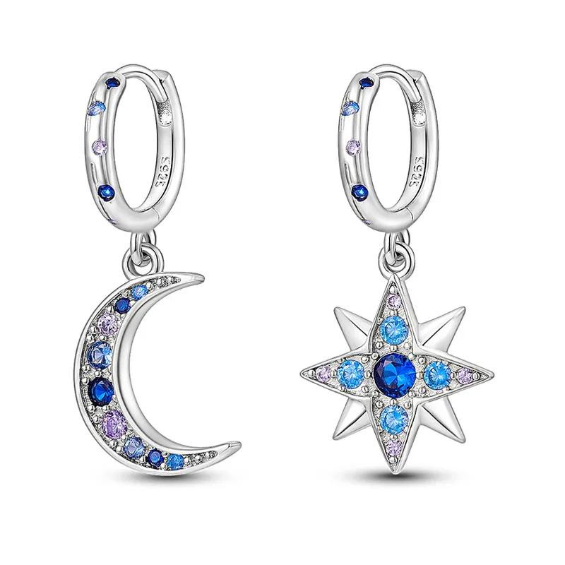 New 925 Sterling Silver Star Moon Earrings for Women Sparkling Zircon Ear Studs Luxury Romantic Fine Jewelry Gift for Girl
