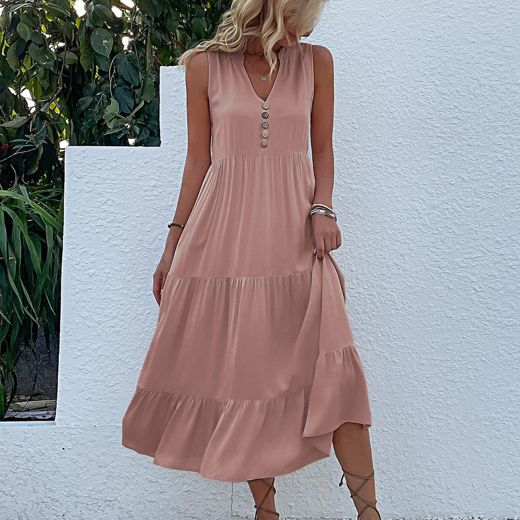 Amazon Independent Station Cross-border Summer New Products European and American Sleeveless Pleated Skirt Loose V-Neck Long Dress