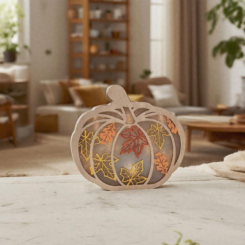 Herbst Erntefeste Holz Kürbis Tischschild Blattausschnitte LED Licht Dekoration Heimakzent für saisonale Ausstellung