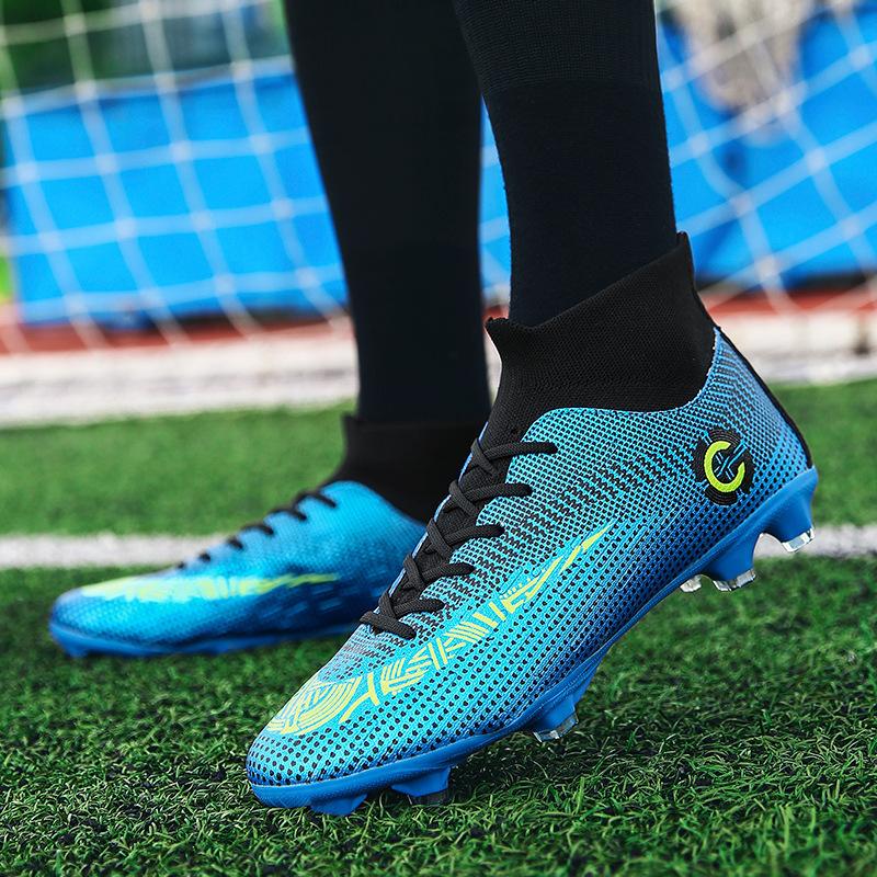 Large size high-top football shoes, men's and children's fly-woven socks, broken nails, artificial turf AG nails competition training shoes