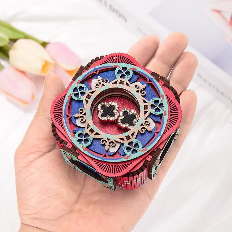 1 szt. 3D Podświetlana Pozytywka Drewniany Zestaw do Samodzielnego Montażu Pudełko na Biżuterię Kreatywny Prezent