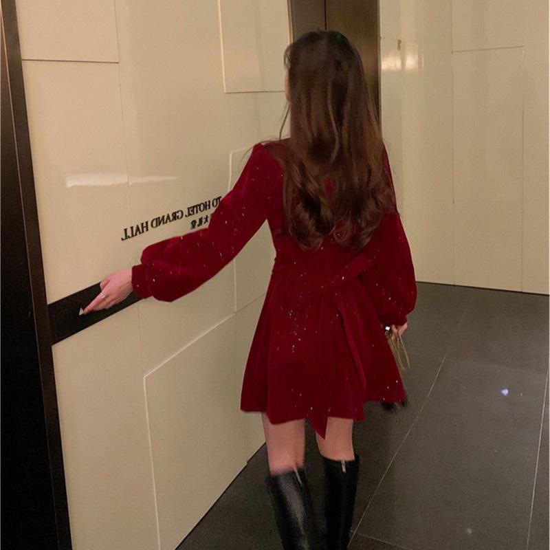 New Year Red Velvet Waist-Cinching Zodiac Dress - Elegant & Sexy Spring Design for Women
