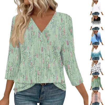 Tops de Mujer de Manga 3/4 Cuello en V Tops Túnica Casual Camisas Básicas Blusa de Corte Holgado