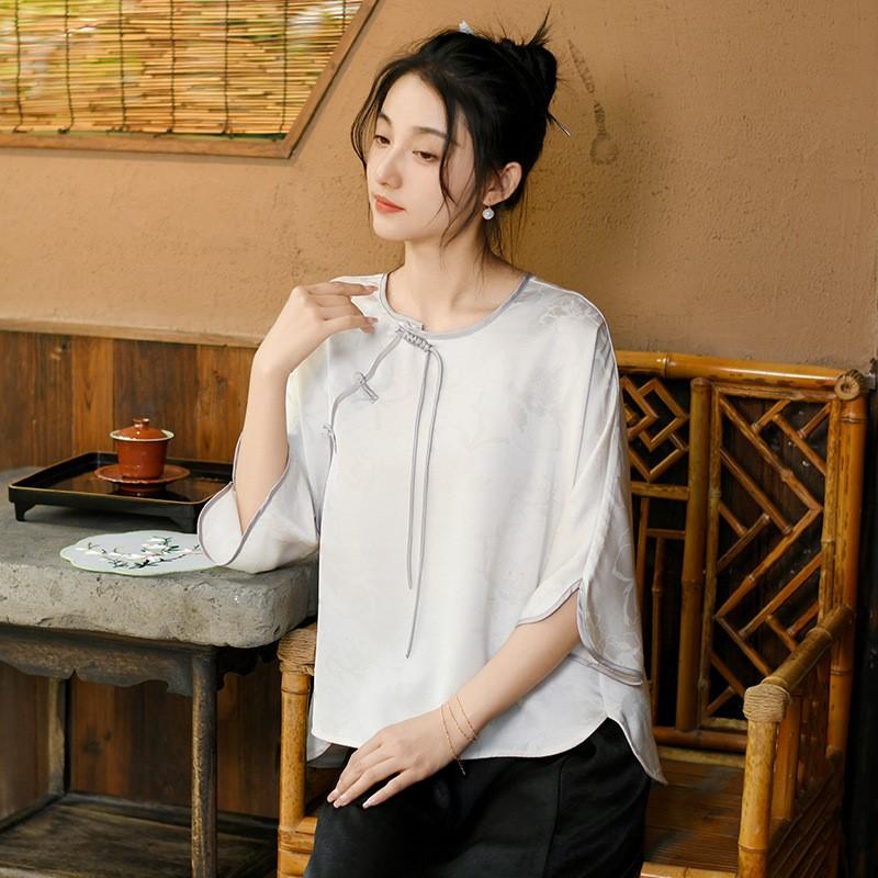 Johnature Camisas Tops Jacquard Estilo Chinês Feminino Decote O Sete Mangas Blusas Verão Botão Camisas Vintage