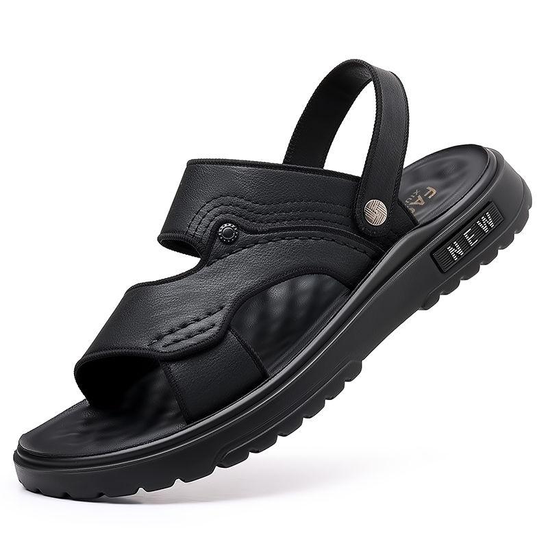 

Men s Summer Sandals Black Genuine Leather Beach Shoes Thick Sole Non Slip Soft Durable Lightweight Fashion Sandals for Men 47 чорний