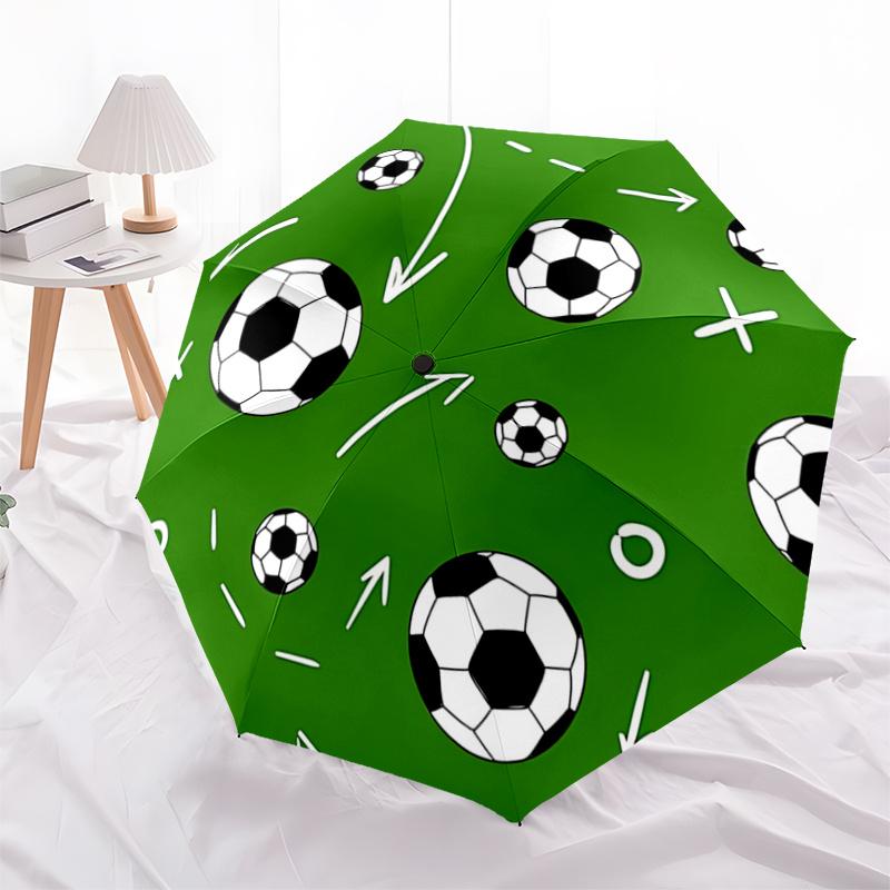Soccer Ball Pattern Automatic Opening/Closing Umbrella - Portable Tri-Fold Design with 8-Bone Iron Frame - Outdoor Rain Gear for Fans, Trave