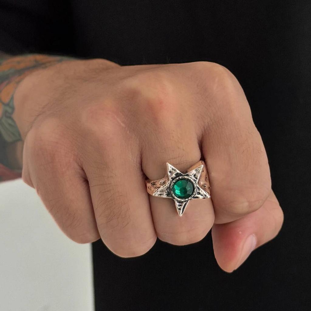 Salircon  5 Styles Exquisite Multicolor Acrylic Rhinestone Pentagram Ring Men Punk Adjustable Finger Rings Couple Jewelry