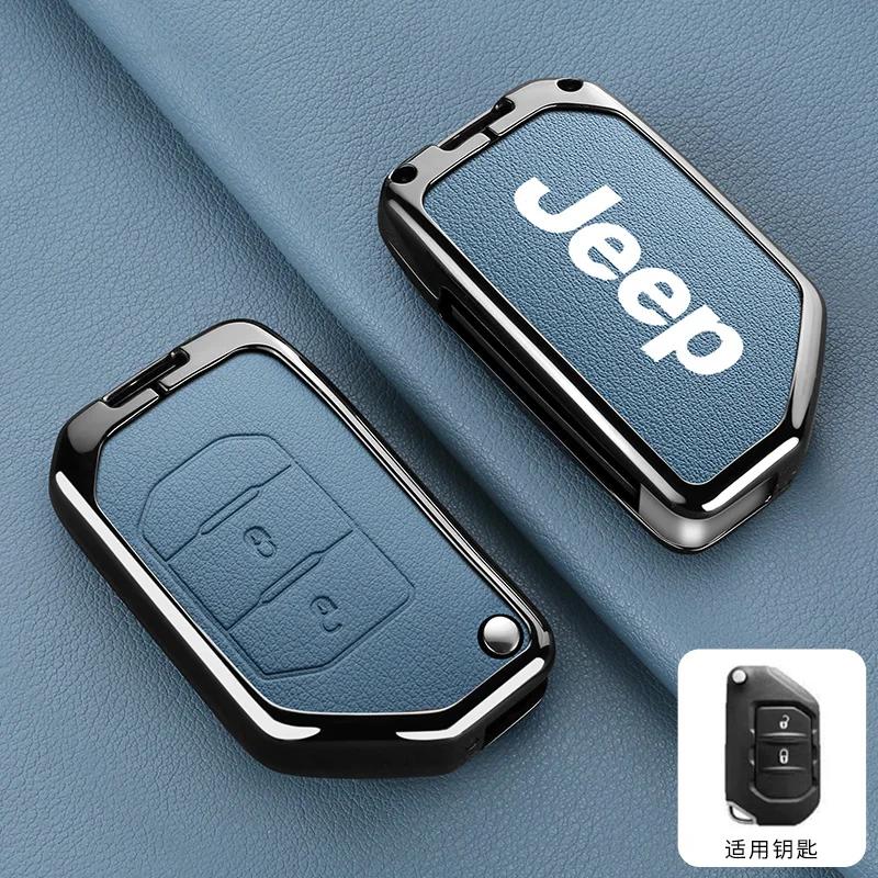For Jeep Metal Leather Car Key Case Cover Shell Keychain for Jeep Wrangler Gladiator JL JLU Rubicon Sahara JLU JT 2018-2022 A