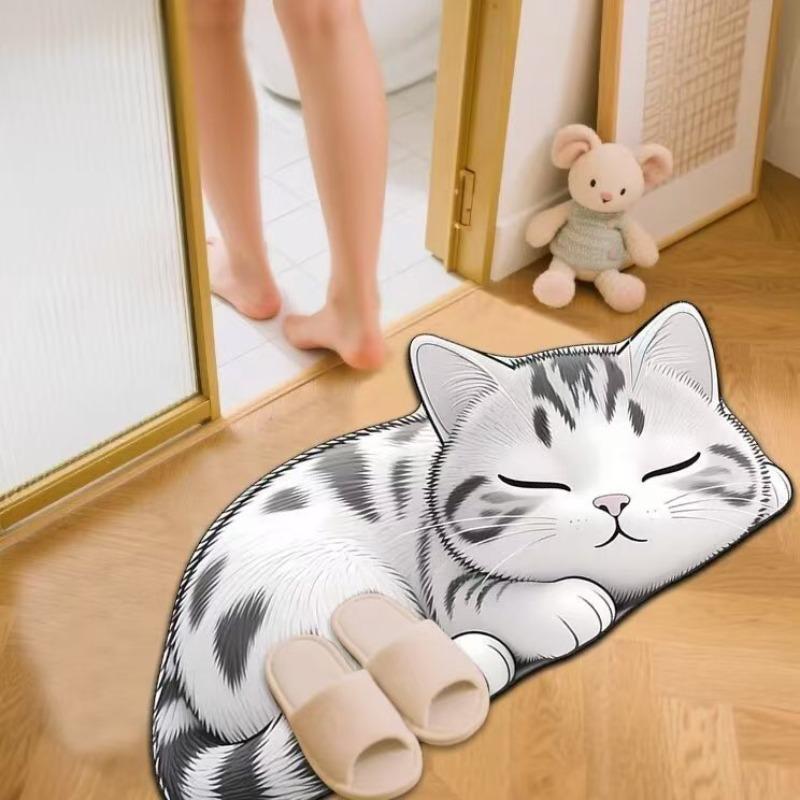 Floor Mat Non-Slip Backing Cat Design Easy Maintenance Versatile Rug Living Room Bathroom Kitchen Home Decor