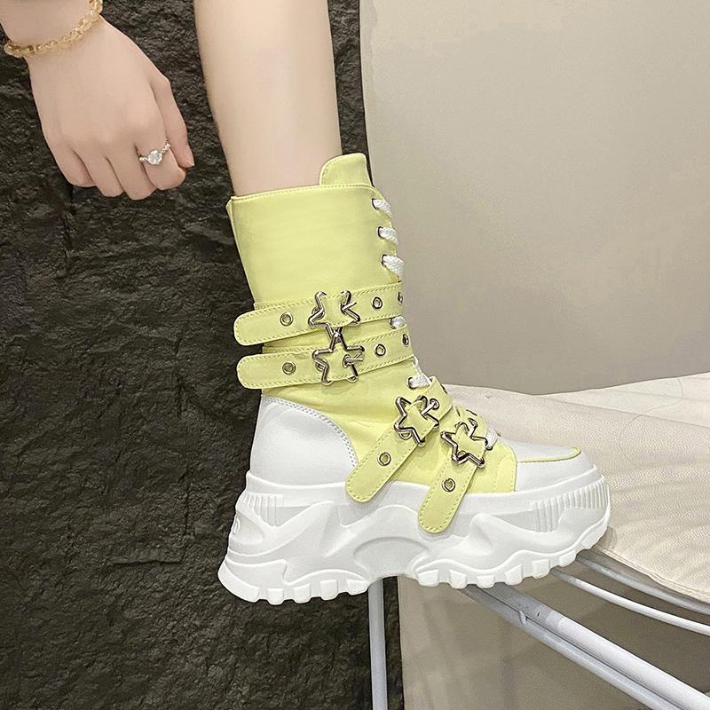 Fashion Rock Shoes Woman Luxury Designer Flat Heel Boots-Women Round Toe Fashion 2025 Ladies Autumn Med Ankle Slip-On Cotton Fabric