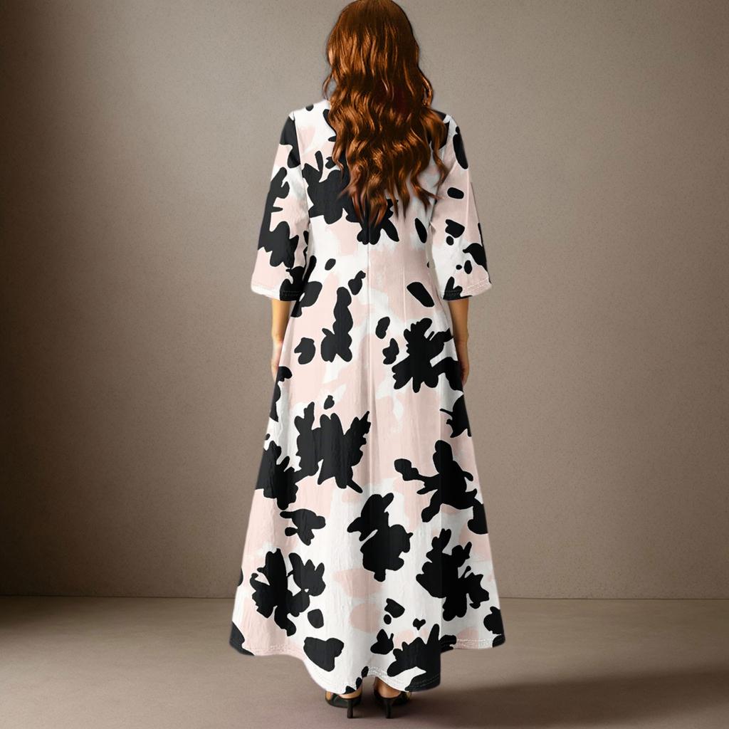 Damen Freizeitmode Blumenmuster Dreiviertelarm Langes Kleid mit Taschen