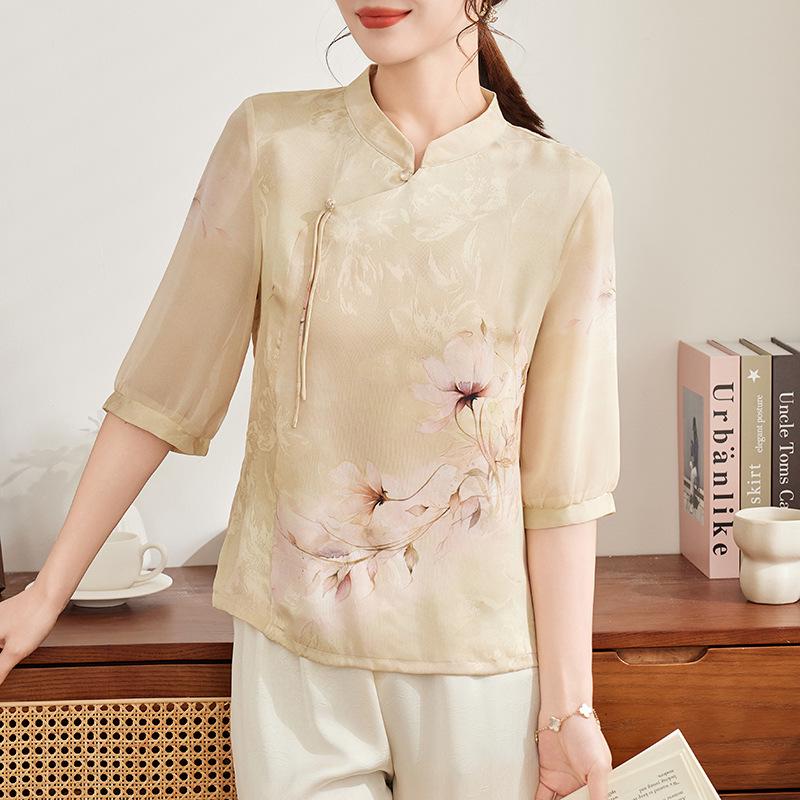Chic Spring/Summer Chiffon Blouse for Middle-aged & Elderly Women - Short Sleeve Chinese Style 2026 XL жёлтый