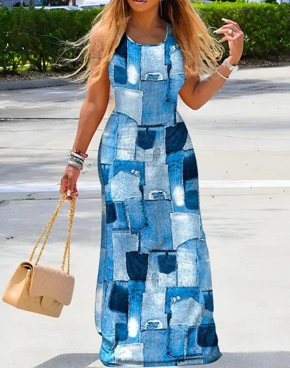 Summer Fashion Printed Crew Neck Sleeveless Slim Fit Dress Women s Clothing S синий