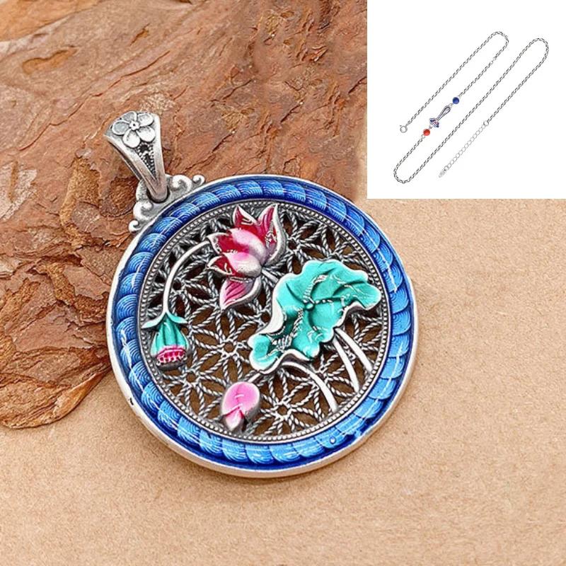 Archaic Rhyme Chinese Style Peony Flower Necklace   Colored Enamel Circular Pendant Ethnic Style Pendant Jewelry