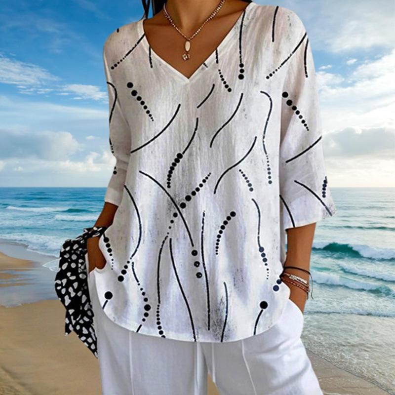 Auf Lager: Europäisches & Amerikanisches Abstraktes Druck V-Ausschnitt Halbarm Damen-Top