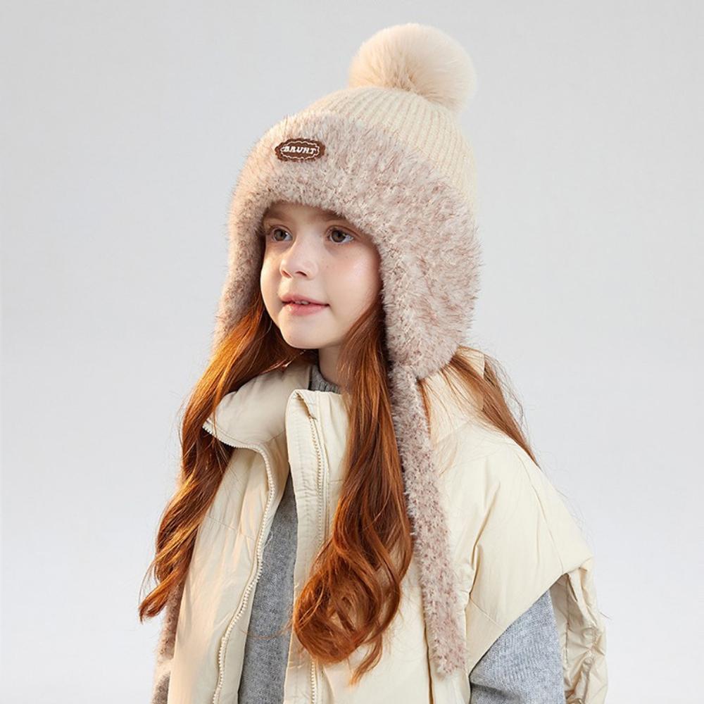 Kids Winter Knitted Earflap Hat with Pom Pom, Plush Lining and Long Ties, Warm Windproof Polyester Cap for Ages 4–10Years