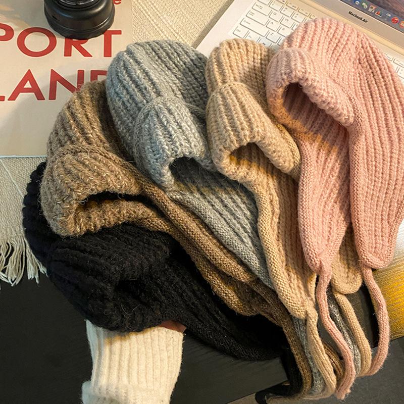 Autumn Winter Pink Knitted Women's Earflap Pilot Hat Warm Versatile Face-Flattering Ski Wool Hat