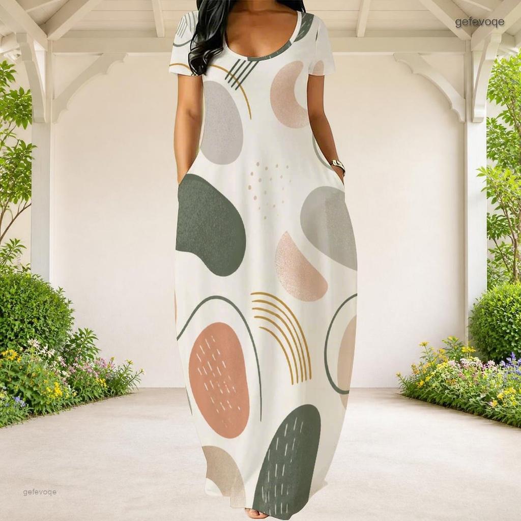 Women Plus Size Round Neck Short Sleeve Abstract Printed Loose Maxi Dress With Side Pockets