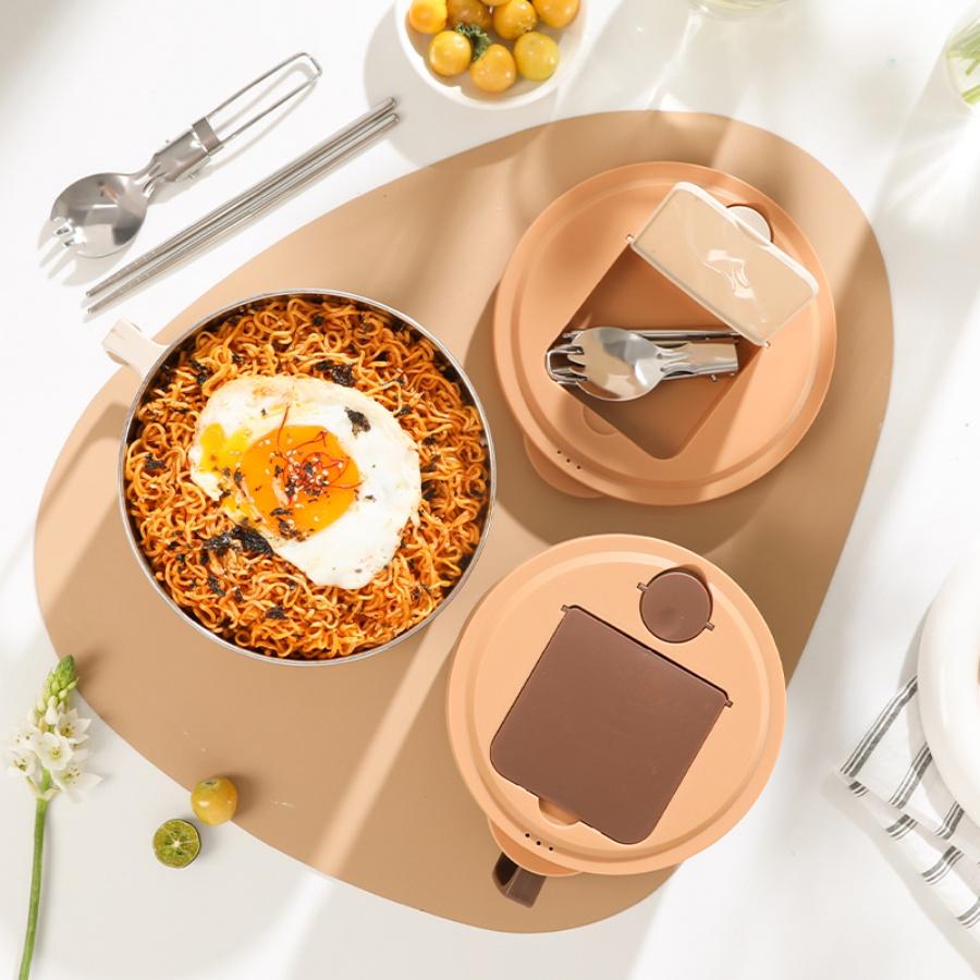 

304 stainless steel large capacity instant noodle bowl, student dormitory, office worker specific, with drainage and tableware 1100ml коричневый