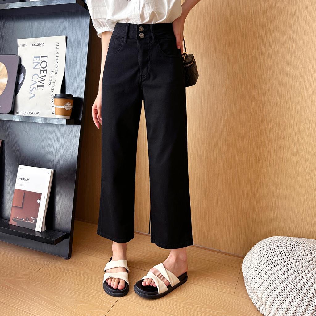 Women's High Waist Straight Leg Jeans Straight Pant Lazy Style Ultra Thin Washed Four-way Stretch Summer Petite Cropped Denim Trousers
