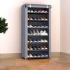 Multi-layer shoe cabinet with dust-proof rolling shutter door. Space-saving storage organizer for everyday use.