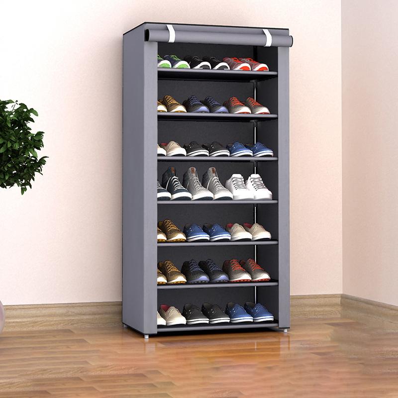 Multi-layer shoe cabinet with dust-proof rolling shutter door. Space-saving storage organizer for everyday use.