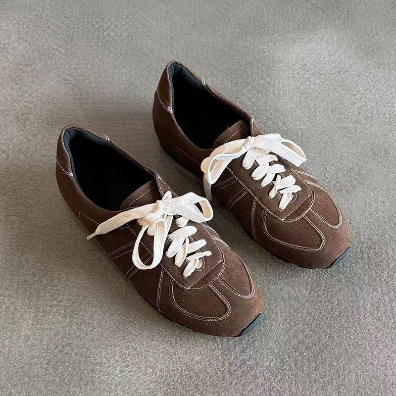 Sheepskin Version~ 2025 New Retro Niche Round Head Lace-up Flat Bottom Casual Sports Fashion Low-top German Training Shoes Women