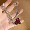Heart Design Red Stone Hand Bone Shape Chain Women Men Necklace Ins Design Heart Charm Korean Chain Men Women Necklace