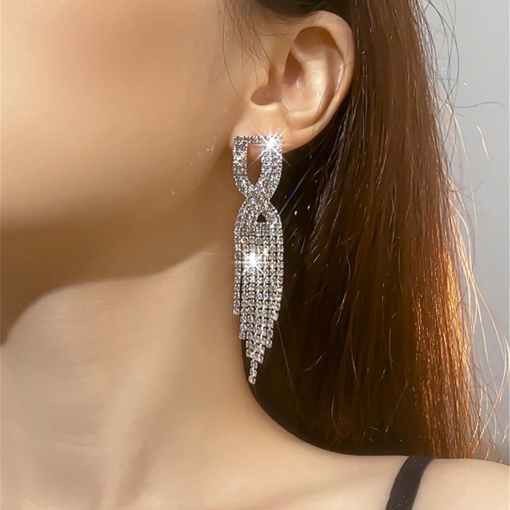 High-end sparkling rhinestones Long fringed earrings, slightly zircon earrings, copper earrings
