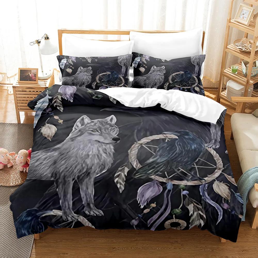 Boys Wolf Duvet Cover Set Queen Size, Boho Wolf Wildlife Animal Bedding Set Men Galaxy Dream Catcher Moon Polyester Quilt Cover