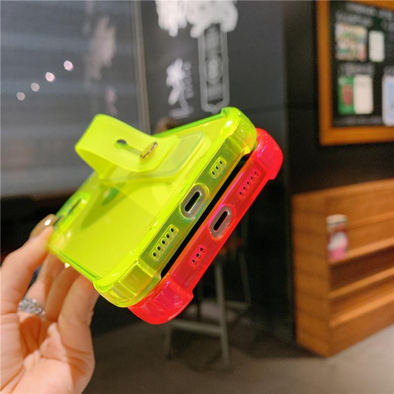 Wrist Strap Fluorescence Shockproof Case For Iphon 13 12 11pro Max Xr Xs Max X 7 8 Plus Transparent Soft Stand Holder Back Cover