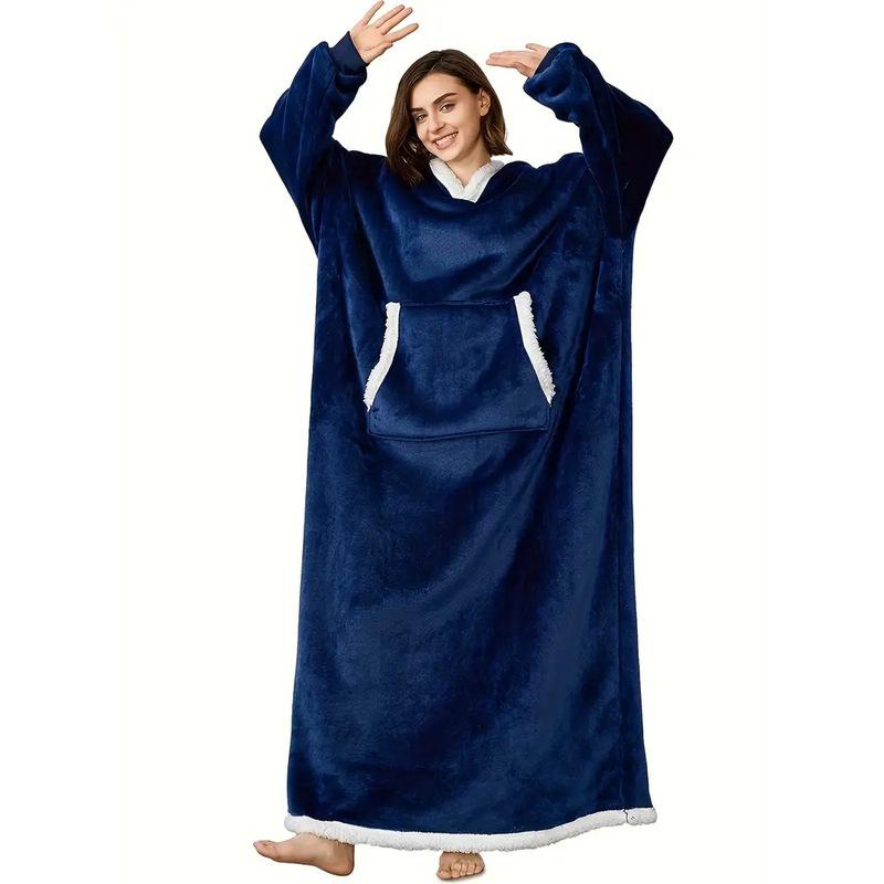 Halat Pătură cu Glugă de Flanel Extra Lung pentru Femei cu Buzunare Verticale