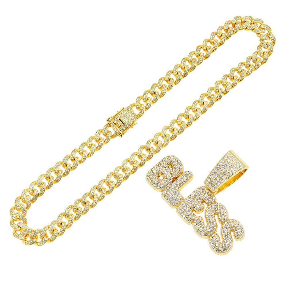 Diamond-encrusted Letter BLESS Cuban Chain, Personalized Splicing Gold Pendant, Men's European and American Cool Necklace