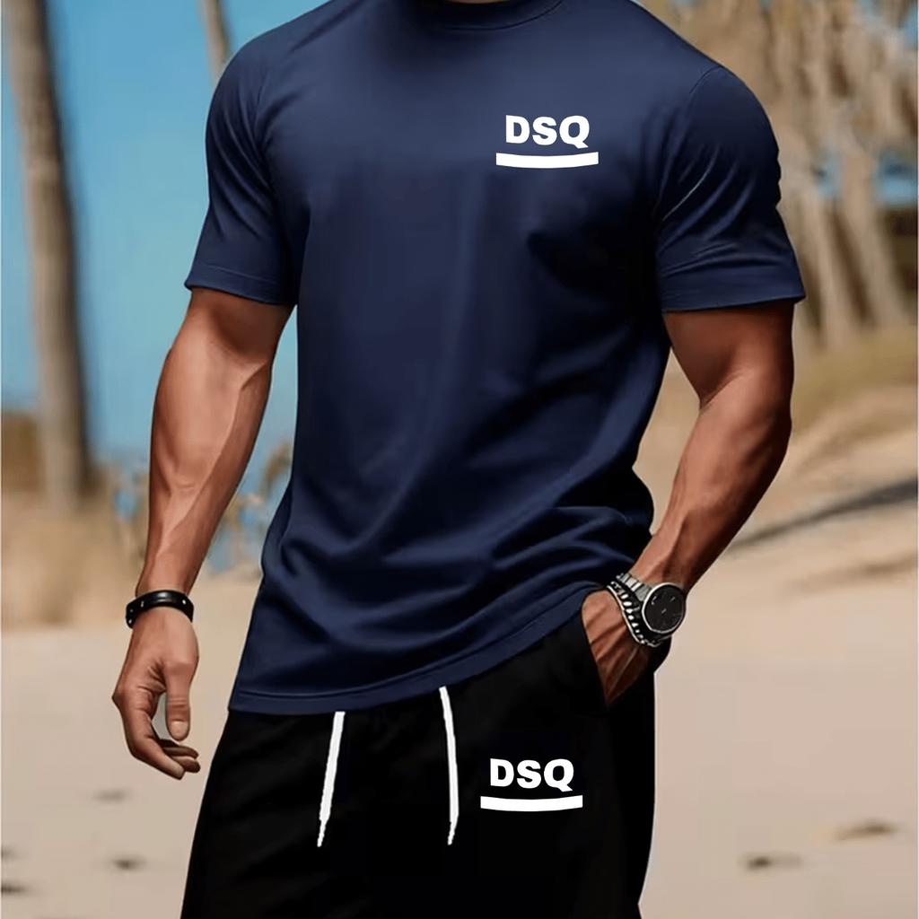 Men Letter Print 2 Piece Sports Set Simple Graphic Crew Neck T-shirt Drawstring Shorts Casual Outfit For Running Fitness Daily