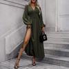 Women's Fashionable Color V-neck Long Sleeved Slit Dress
