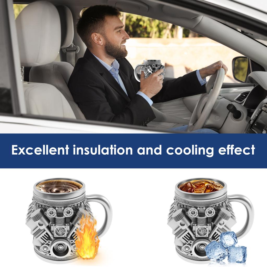 Engine Coffee Mug 350ml Creative Car V8 Engine Coffee Cup with Handle Novelty Stainless Steel Beverage Mugs for Car Lovers Gifts