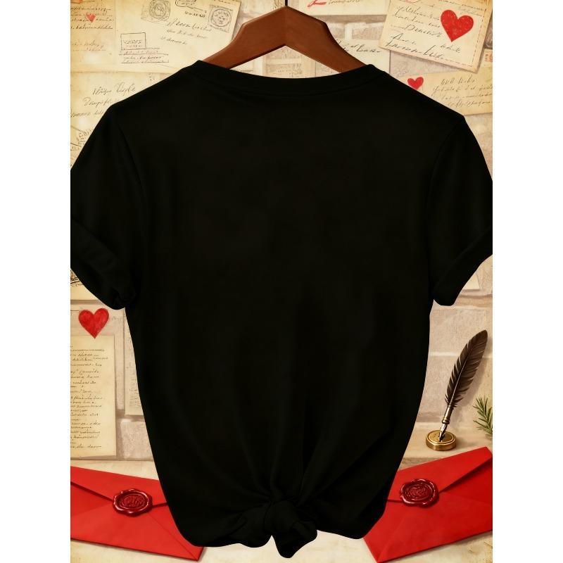 European Size Heart Print T-shirt, Short Sleeve Crew Neck Casual Top For Summer & Spring, Women's Clothing