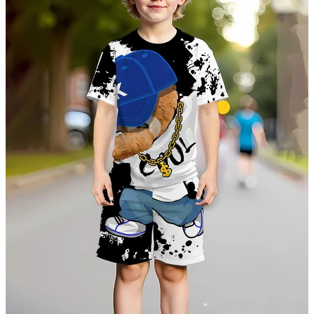 

Europe and America Hip Hop Bear Kids Set Summer Kids T-shirt and Shorts 2 Piece Set Outdoor Casual Boys and Girls Outfit 100