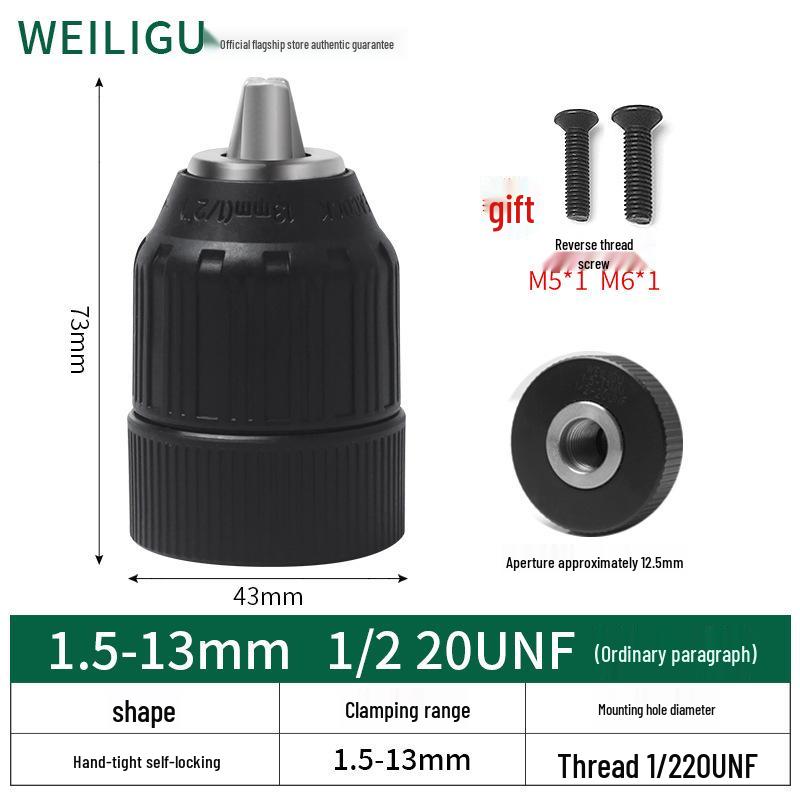 Self-Locking Ratchet Drill Chuck 1.5-13mm Quick-Change Adapter, 20/24UNF.