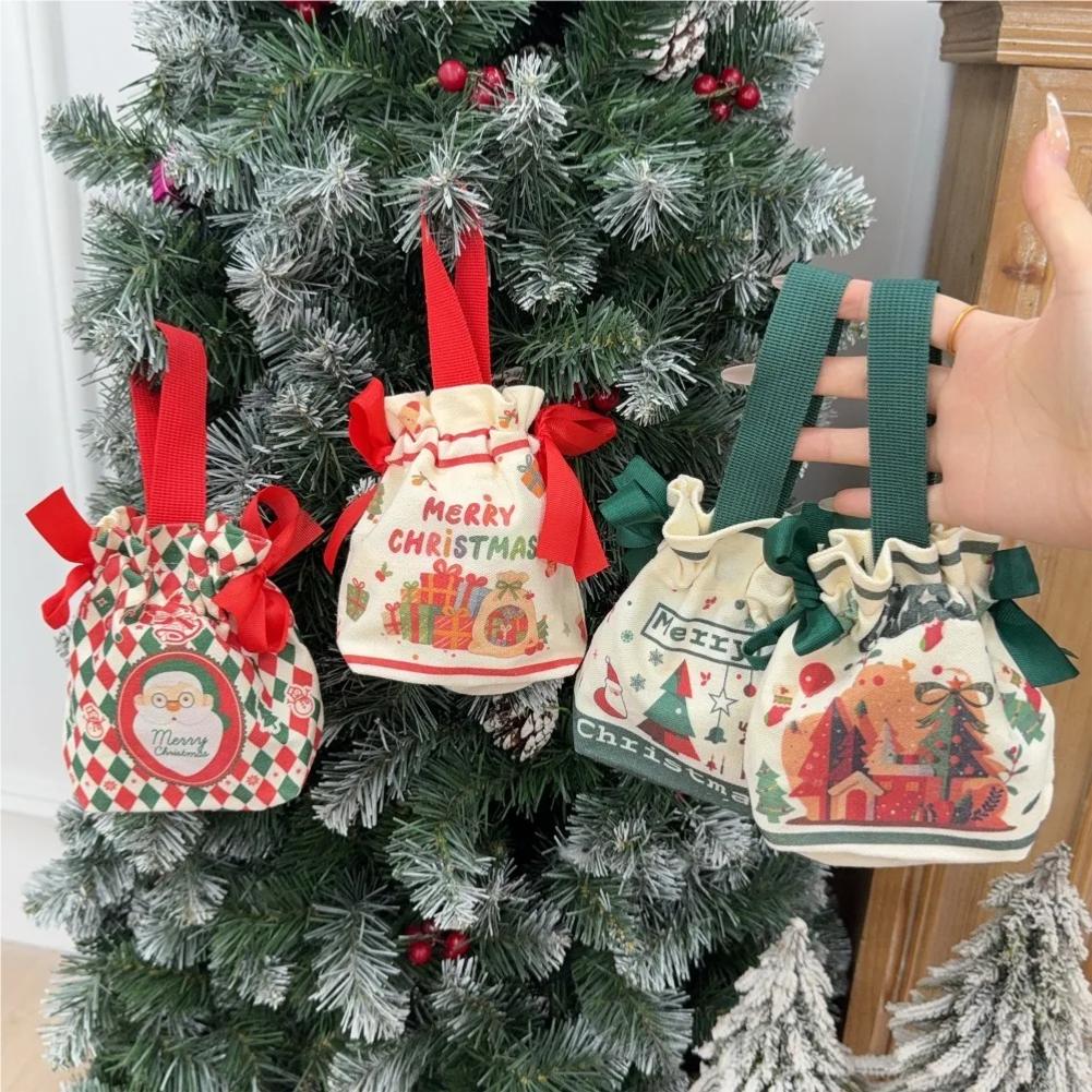 Christmas Canvas Drawstring Bag Christmas Candy Gift Packaging Bag Cartoon Handbag for Apple DIY New Year Xmas Home Party Supply