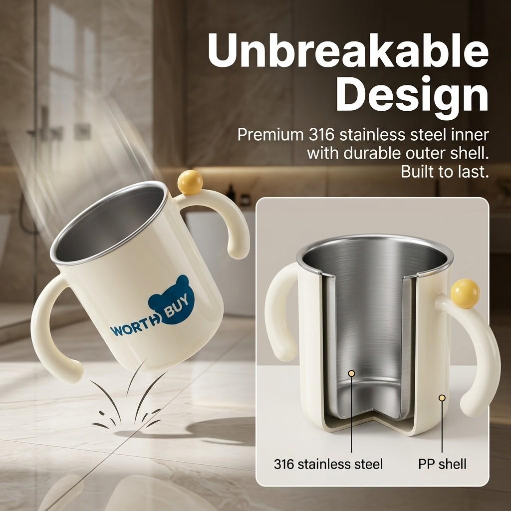 Bathroom Tumbler Toothbrush Holder Cup 316 Stainless Steel Gargle Cup Detachable Plastic Mug Anti-Scald Handle Accessories