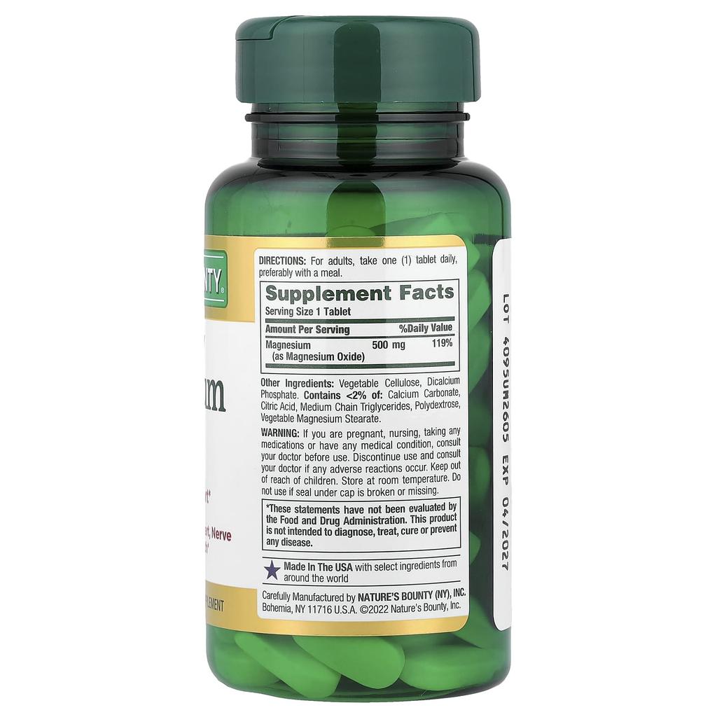 Nature's Bounty Magnesium, Høy Potens, 500 mg, Filmtabletter, 100 Tabletter