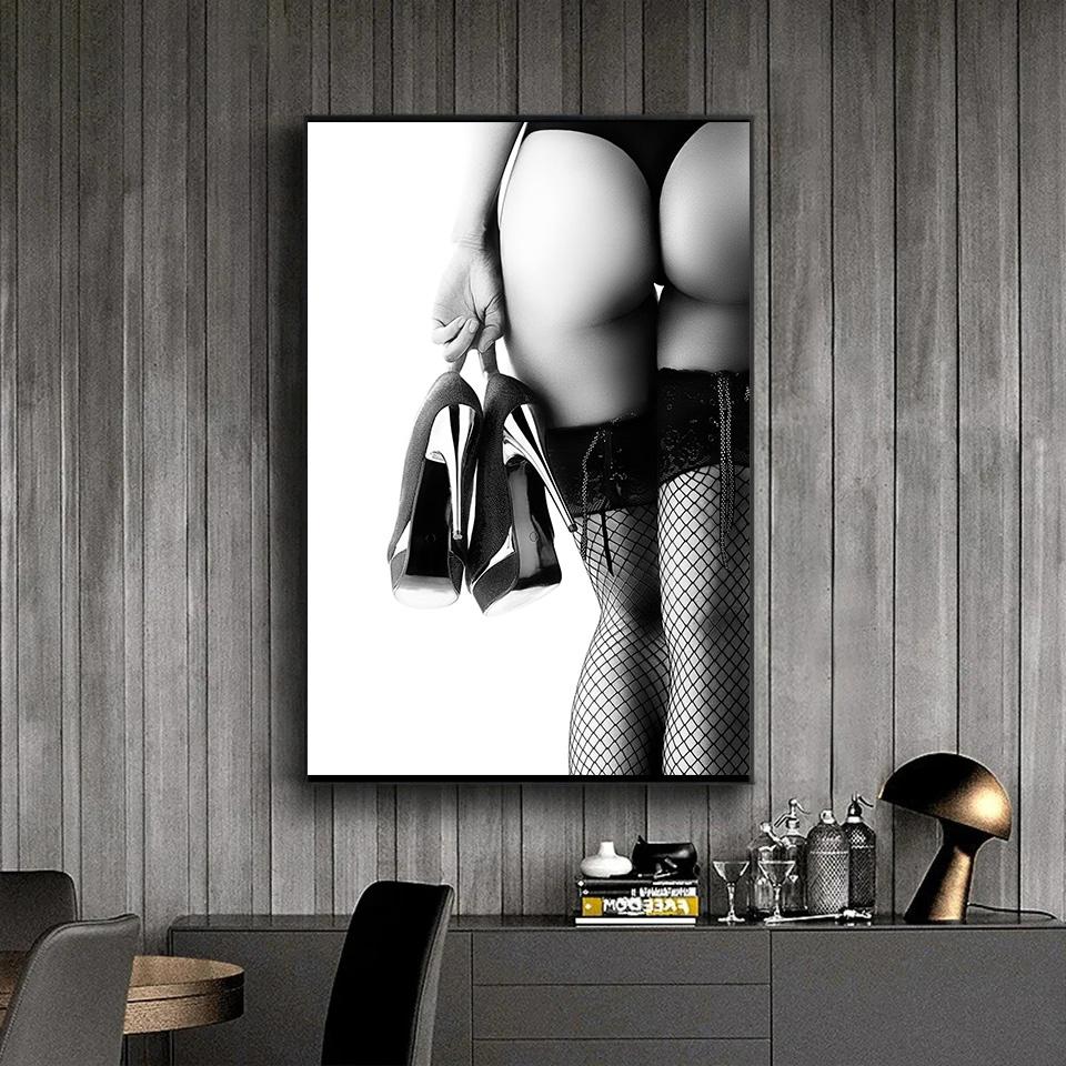 Black and White Retro Sexy Woman Briefs Canvas Poster Wine Car Nude Girls Print Painting Flower Picture for Living Room Decor