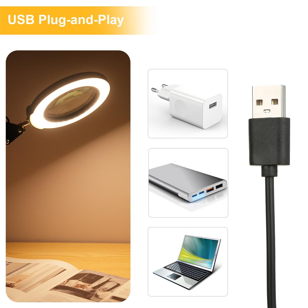 Klem-på-bordlampe med 5x forstørrelsesglasssvingarm Dimbare LED-er Skrivebordslys Touch Control 5