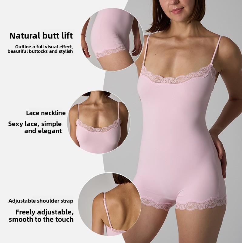 Sexy Lace-Trimmed Fitted Yoga Jumpsuit Sheer, Breathable, Butt-Lifting Workout Suit Adjustable One-Piece for Fitness Training