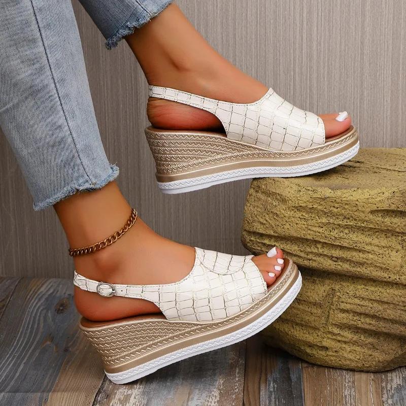 Sandały damskie na koturnie, klamra jednorzędowa, obcas 7,5 cm, wysokie buty damskie, rekreacyjne, duże rozmiary, zwięzłe, dojrzałe, 2025 Sandalias De Mujer